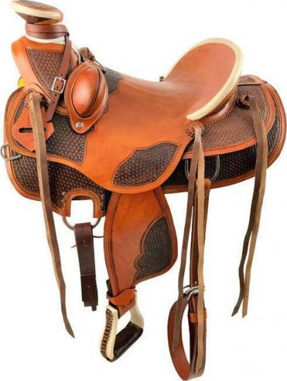 Sale 20% Off 16  Wade Style Medium Oil Economy Roping Saddle Set With Basket Weave Tooling - Image 4