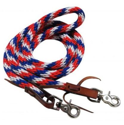 Sale 20% Off 96  Red, White And Blue Braided Nylon Barrel Style Reins With Scissor Snap Ends.