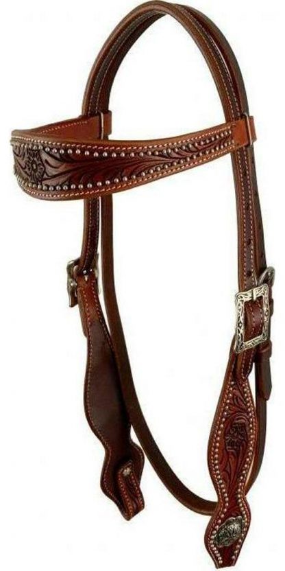 Argentina burgundy cow leather with floral tooling and silver dots