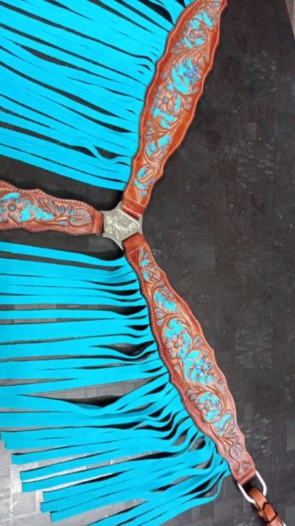 Sale 20% Off Breast Collar + Hand Painted + Turquoise Fringes - Light Tan Leather Black Cyber Western Horse Tack Set - Image 3