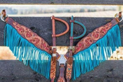 Sale 20% Off Breast Collar + Hand Painted + Turquoise Fringes - Light Tan Leather Black Cyber Western Horse Tack Set