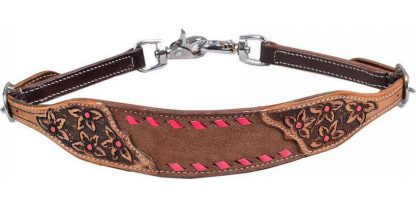 Chocolate Oiled Rough Out Leather wither strap with Pink buck stitch trim