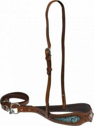 Sale 20% Off Double Stitched Noseband With Teal Filigree Print Inlay Accented With Copper Concho