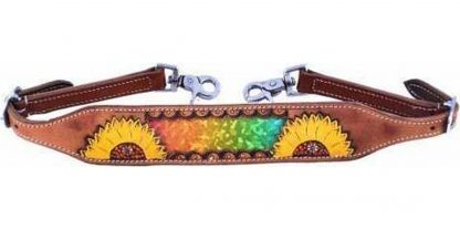 Hand painted sunflower wither strap with multi colored metallic inlay.