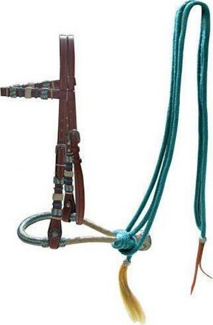 Sale 20% Off Leather Bosal Headstall With Teal Rawhide Braided Bosal And Teal Nylon Mecate ReinsRegions Etsy Does Business In: