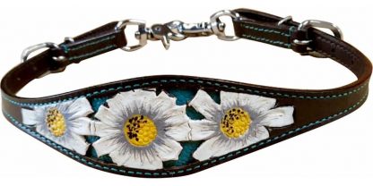 Leather wither strap with white painted poppy flower design on teal inlay