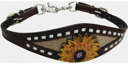 Leather wither strap with painted sunflower and burlap inlay