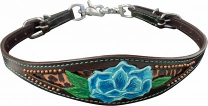 Leather wither strap with painted blue flower design on teal inlay