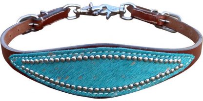Medium Oil Leather wither strap with teal acid wash hair on cowhide overlay