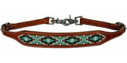 Sale 20% Off Medium Leather Wither Strap With Teal Beaded Inlay.
