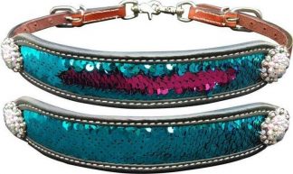Sale 20% Off Medium Leather Wither Strap With Teal And Pink Sequins Inlay.