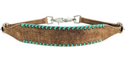 Rough Out Chocolate wither strap with teal rawhide lacing