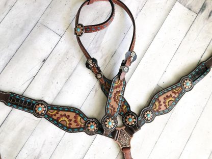 Sale 20% Off Sunflower Tooling - Hand Painted - Teal Buckstitch 6 Piece Horse Tack Set - Image 6