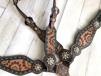 Sale 20% Off Sunflower Tooling - Hand Painted - Teal Buckstitch 6 Piece Horse Tack Set - Image 5