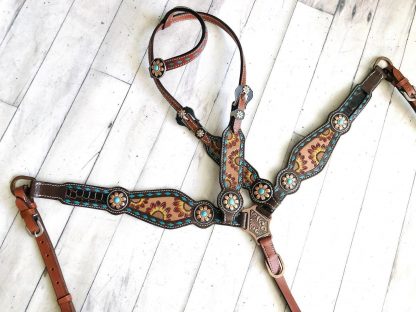 Sale 20% Off Sunflower Tooling - Hand Painted - Teal Buckstitch 6 Piece Horse Tack Set - Image 7