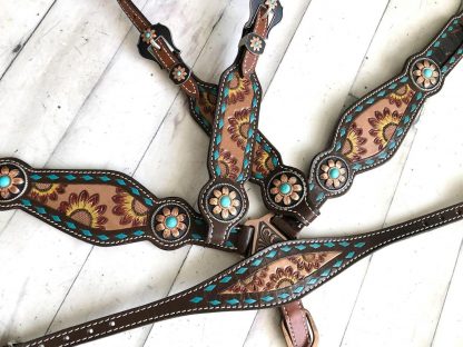 Sale 20% Off Sunflower Tooling - Hand Painted - Teal Buckstitch 6 Piece Horse Tack Set - Image 3