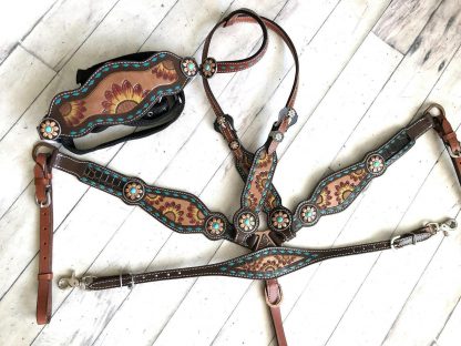 Sale 20% Off Sunflower Tooling - Hand Painted - Teal Buckstitch 6 Piece Horse Tack Set