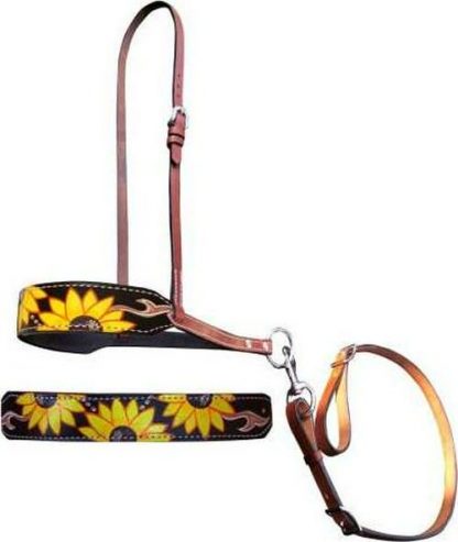 Sunflower and leather hand painted overlay leather tie down noseband and strap