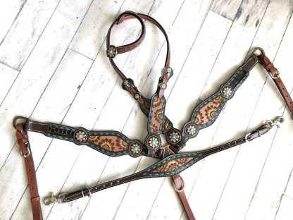 Sale 20% Off Sunflower Tooling - Hand Painted - Teal Buckstitch 6 Piece Horse Tack Set - Image 4