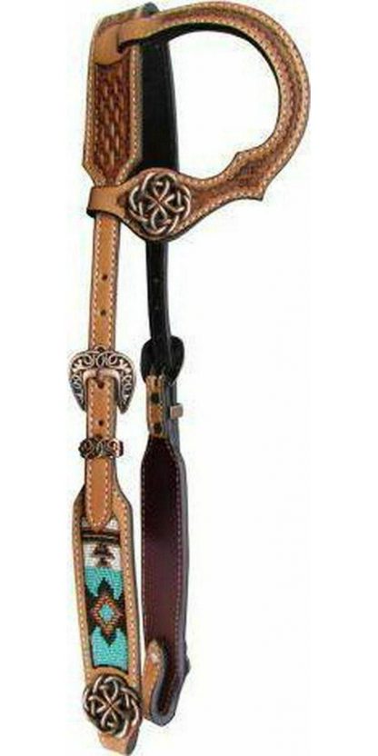 Argentina cow leather single ear headstall with beaded inlay
