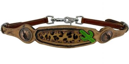 Wither strap with a painted cactus design, cheetah hair on inlay and copper cactus conchos