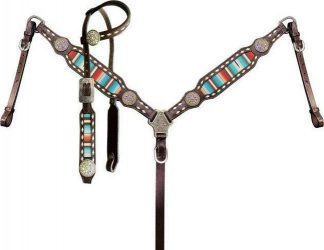 Serape Southwest Print One Ear Headstall And Breastcollar Set With Bling Conchos.
