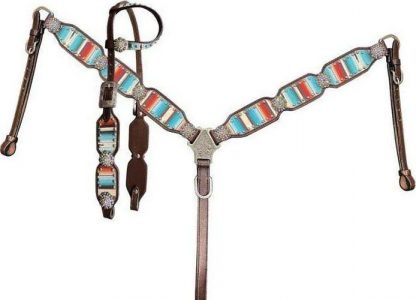 Serape Southwest Print One Ear Headstall and Breastcollar Set with bling conchos