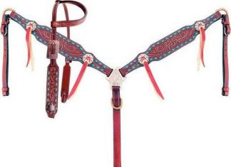 Single Ear Headstall And Breastcollar Set With Teal Buck Stitch Trim.
