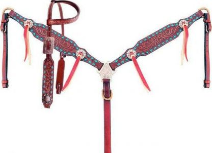 Single Ear Headstall And Breastcollar Set With Teal Buck Stitch Trim.