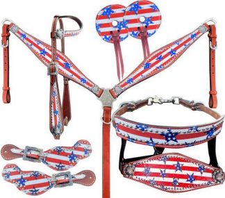 Stars And Stripes Print One Ear Headstall And Breast Collar 7- Piece Set.