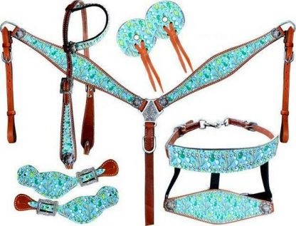 Teal Cactus Print One Ear Headstall And Breast Collar 6- Piece Set.