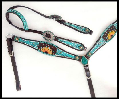 Turquoise Filigree Inlay With Painted Sunflower Accent One Ear Headstall And Breast Collar Set With Beads And Engraved Conchos And Hardware. - Image 4