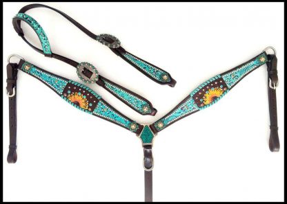 Turquoise Filigree Inlay With Painted Sunflower Accent One Ear Headstall And Breast Collar Set With Beads And Engraved Conchos And Hardware. - Image 2