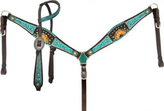 Turquoise Filigree Inlay With Painted Sunflower Accent One Ear Headstall And Breast Collar Set With Beads And Engraved Conchos And Hardware.