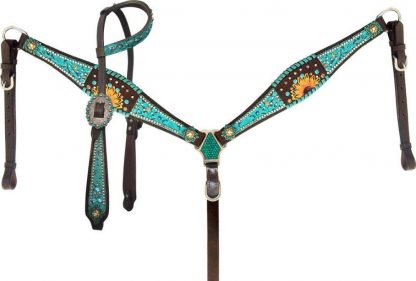 Turquoise Filigree Inlay With Painted Sunflower Accent One Ear Headstall And Breast Collar Set With Beads And Engraved Conchos And Hardware.