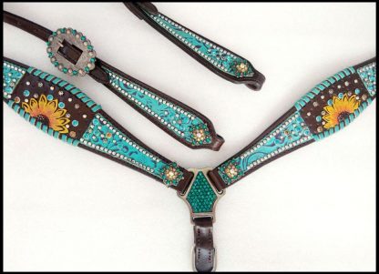 Turquoise Filigree Inlay With Painted Sunflower Accent One Ear Headstall And Breast Collar Set With Beads And Engraved Conchos And Hardware. - Image 3