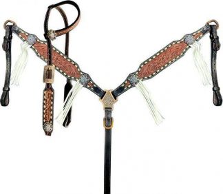 Two-Tone Tooled Single Ear Headstall And Breast Collar Set With Rawhide Lacing And Fringe Accents.