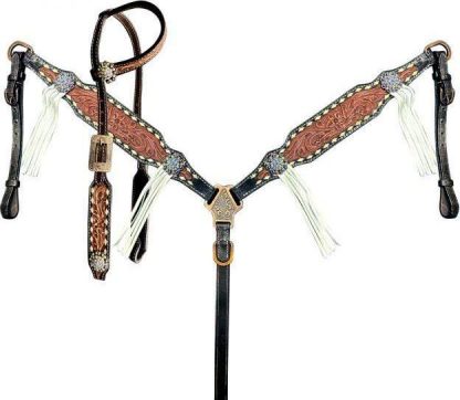 Two-Tone Tooled Single Ear Headstall And Breast Collar Set With Rawhide Lacing And Fringe Accents.