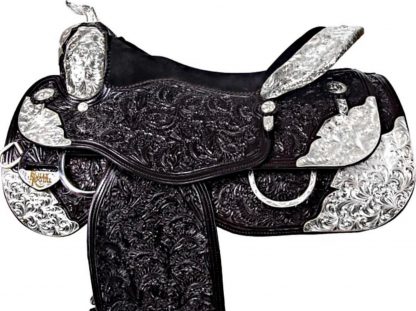 12" 13" 14" 15" 16' 17" 18" 19" Western Silver Show Saddle Black Leather + Horse Size Matching 3 Piece Tack Set - Image 2